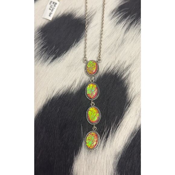 Native American Sterling Silver Pink Fire Opal 4 Stone Lariat Dangle Necklace - Picture 3 of 9